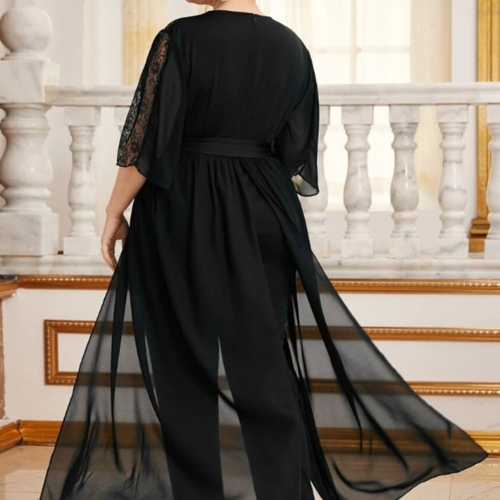 A Black Lace Belted Jumpsuit with Skirt - Picture 4 of 5